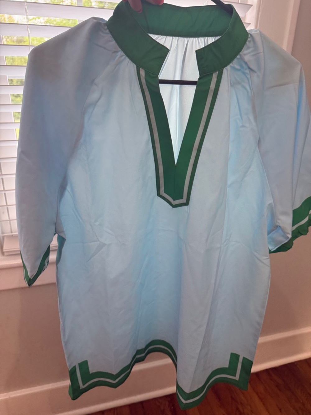 Light Blue Women’s Tunic Shirt with Green Trim